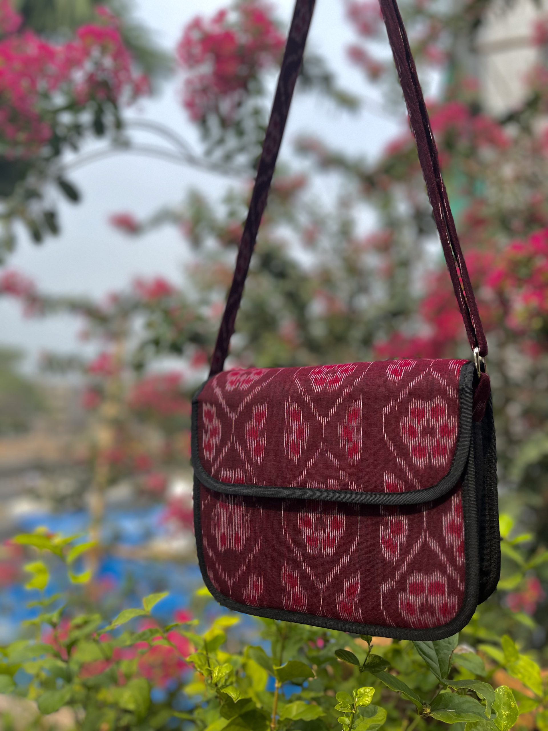 Handcrafted Odisha Ikat marron slingbag