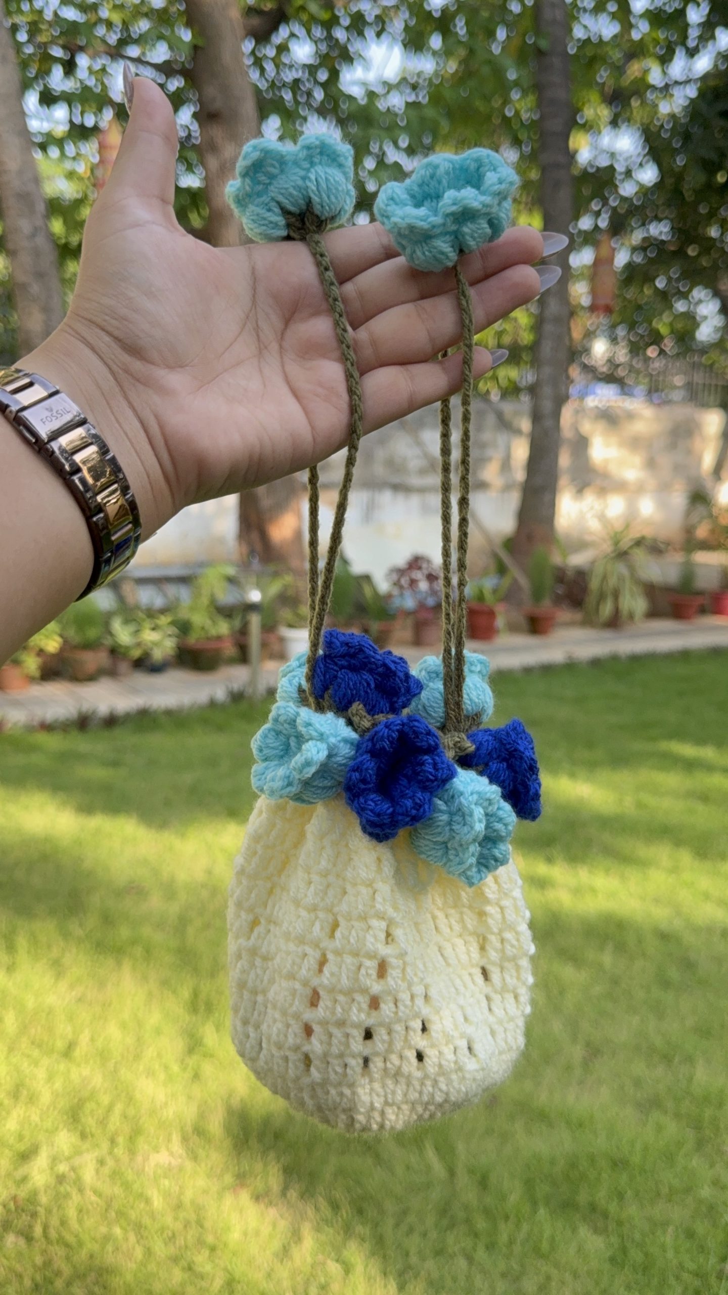 Crochet Blue Flowers Potli Bag